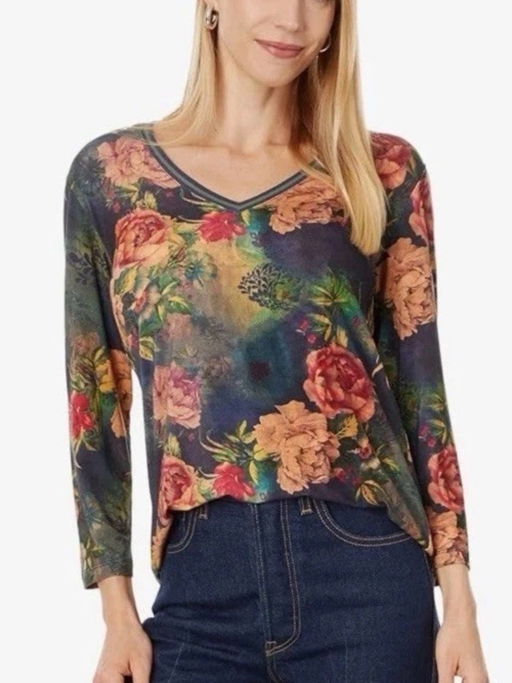 Johnny Was The Janie Favorite 3/4 Sleeve V-Neck Tee Top Catalina Floral Boho M - Picture 4 of 15